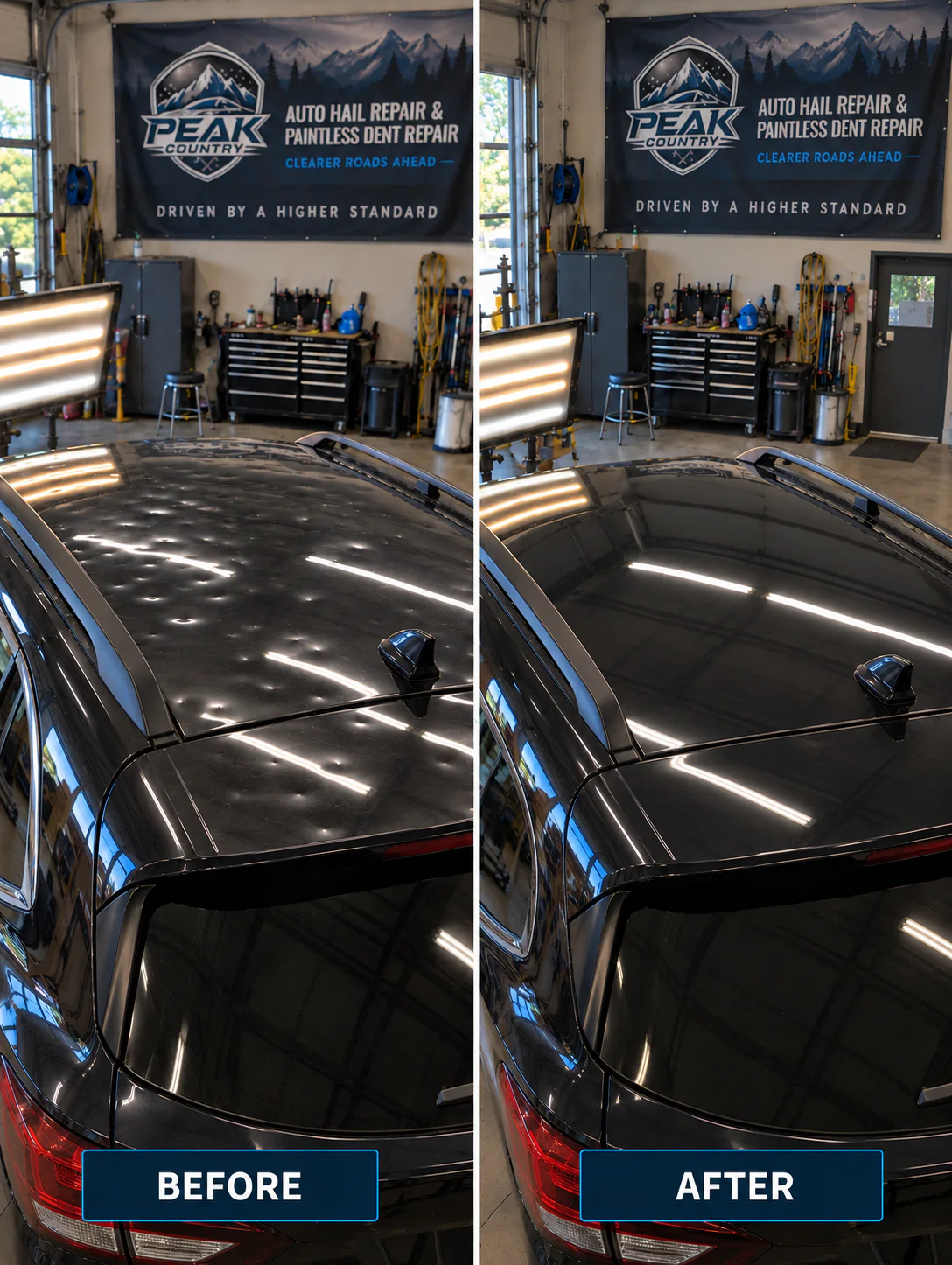Before and after comparison of distributed hail dents repaired on a dark vehicle roof at Peak Country
