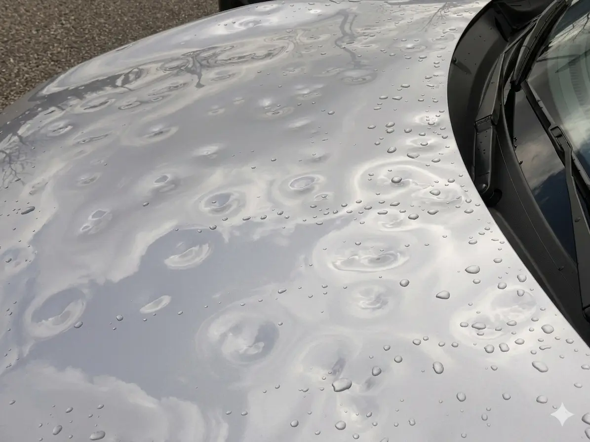 Large and numerous hail dents across a silver vehicle hood